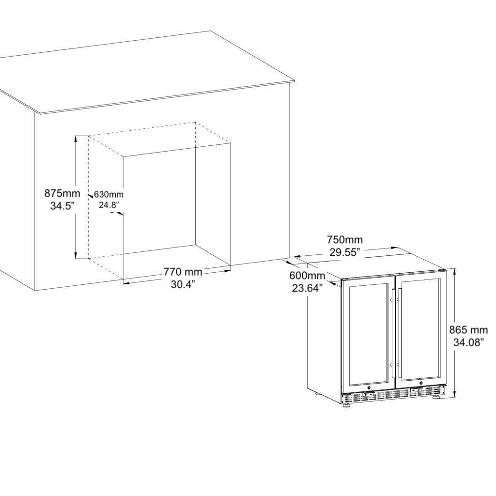 30" inch Under Counter Low-E Glass Door Wine and Beer Cooler Combo-KBUSF66BW